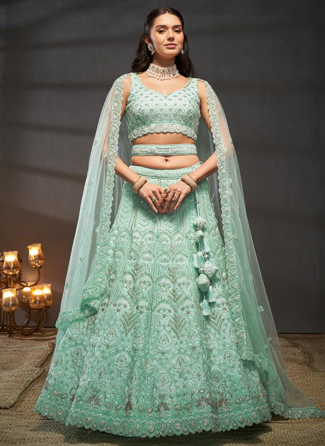 Net Turquoise Blue Bridal Wear Sequins Work Lehenga Choli